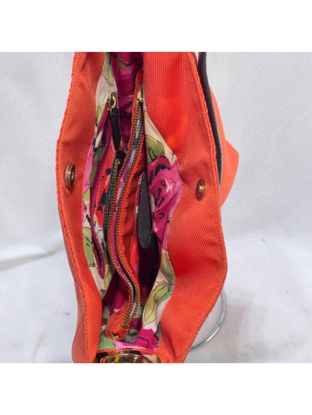 JPK Paris 75 Orange & Floral Lined Nylon Shoulder Bag With Gold Hardware - Picture 10 of 12